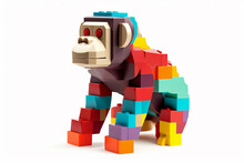 Cute Chimpanzee Figure Built From Colorful Plastic Toy Bricks, Isolated On White Background. Generative AI.