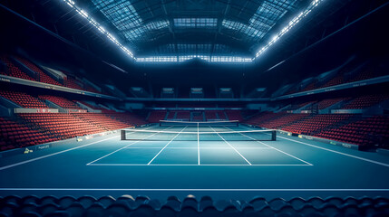 Blue tennis court and illuminated indoor arena, generative AI.