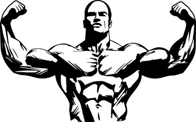 Black and white illustration of body builder.