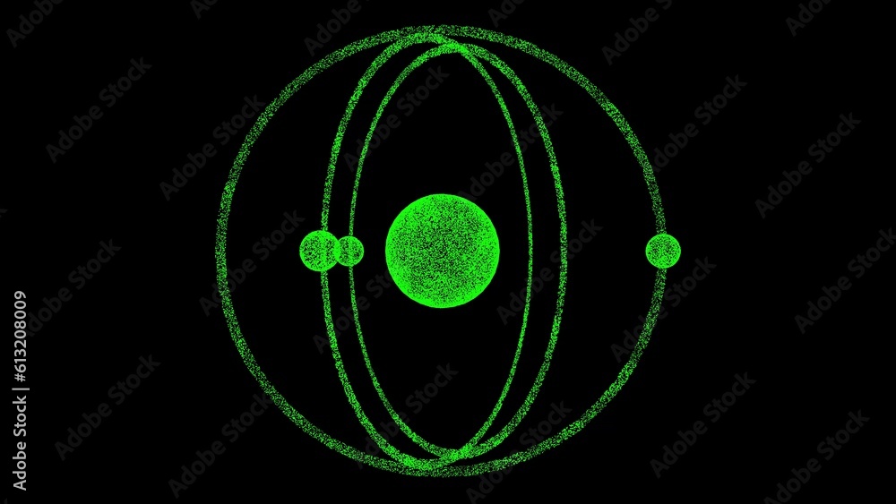 3D atom model with a nucleus and electrons on black bg. Object ...