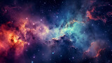 Fototapeta Kosmos - Vibrant celestial nebula filled with an array of colors, resembling a galaxy's ethereal cloud. A captivating nocturnal spectacle of countless stars in the vast expanse of the cosmo Generative AI