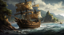 Landscape Depiction Featuring A Pirate Vessel Generative AI