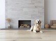 Adorable Golden Retriever dog on floor near electric fireplace indoors. Created with Generative AI technology.