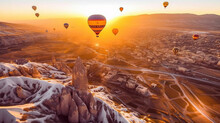Flying Balloons In Cappadocia, Turkey. Generative AI