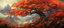 Serene Autumn: Vintage Japanese Painting Of Maple Tree. Generative AI.