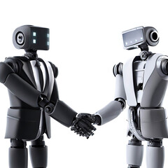 Robots dressed in business suits shaking hands, white background