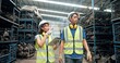 © M Stocker - Two asian warehouse workers wearing safety helmet holding tablet while walking at automotive parts warehouse for checking stock. Vehicle part, Recycling