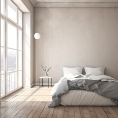 Wall Mural - Bedroom interior mockup, cozy home room decor with wide empty wall, bed, blanket and carpet Generative AI