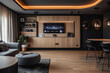 © ADDICTIVE STOCK - Generative AI illustration of contemporary living room interior design with built in TV unit orange lighting on ceiling and gray sofa