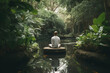 © ADDICTIVE STOCK - Generative AI illustration of person sitting on stone in pond near exotic plants and trees while practicing mindfulness meditating in lotus pose