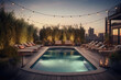 © ADDICTIVE STOCK - Generative AI illustration of swimming pool located on terrace near sunbeds under hanging glowing garland in evening time