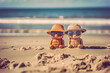 © ADDICTIVE STOCK - Generative AI illustration of wooden toys in sunglasses and sunhats sitting on sandy beach near waving sea on sunny day