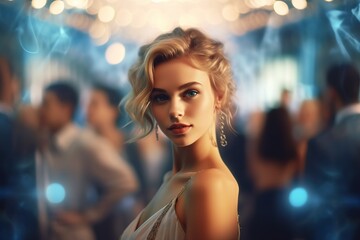 Attractive young teenage girl headshot portrait in prom party. Generative AI