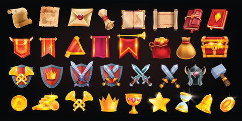 Fantasy game icon set, dragon dungeon UI medieval RPG object, magic parchment book, royal flag. Golden treasure chest, coin pile, wooden knight shield, sword, envelope, old map. Fantasy casino icon