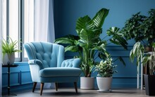 Living Room Interior With Potted Plants, Blue Wall And Blue Armchair. Indoor Potted Plants Decoration. Generative AI.