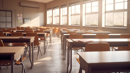 Empty school class in the sunshine. Created with Generative AI technology.