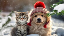 Dog And Cat, Kitty And Puppy In Red Scarf On Snowy Winter Forest At  Christmas Holiday Greetings Card,generated Ai