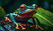 © ADDICTIVE STOCK - Generative AI illustration of closeup of bright poison dart frog sitting on stone and looking away in green rainforest