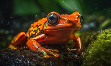 Generative AI Illustration Of Closeup Of Bright Orange Poison Dart Frog Sitting On Stone And Looking Away In Green Rainforest