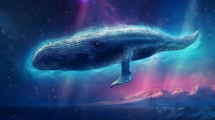  Blue whale swimming or flying in mystic sky ocean. Generative ai