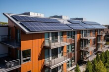 Eco-friendly Apartment Building With Solar Panels On Its Roof. Generative AI
