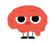 Hand drawn cute illustration human brain with dissatisfied face. Flat vector organ, intellect symbol character in colored doodle style. Mental health, negative thoughts sticker, icon. Isolated.
