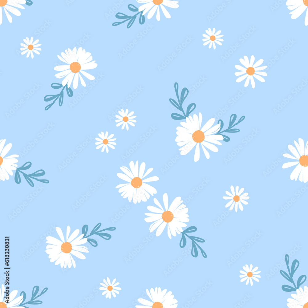 Seamless pattern of daisy flower with green branches on blue background ...