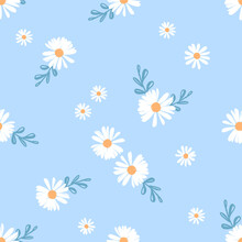 Seamless Pattern Of Daisy Flower With Green Branches On Blue Background Vector Illustration.