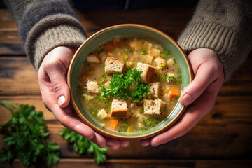 Poster - woman holding hot bowl of vegetable soup with croutons on wooden table. autumn or winter food concept. Ai generatie