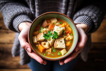 Sticker - woman holding hot bowl of vegetable soup with croutons on wooden table. autumn or winter food concept. Ai generatie