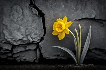 Wall Mural - Yellow narcissus bloom up close, with a slab of concrete in the backdrop. Generative AI