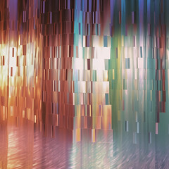 Wall Mural - glossy texture made out of holographic vertical cut paper curtains hanging in a photo studio set, close up tp the set, glossy fluffy pettals on the floor, editorial sunset hour lighting, generative ai