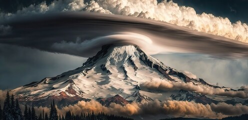Wall Mural - The picturesque image of Mount Hood surrounded by clouds. Generative AI
