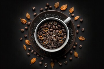 Wall Mural - top view of a coffee cup with coffee beans on a black background. generative ai