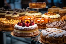 Freshly Baked Treats: Look Inside A Baker's Paradise Of Different Types Of Delicious Cakes In A Retail Pastry Shop Display, Generative AI