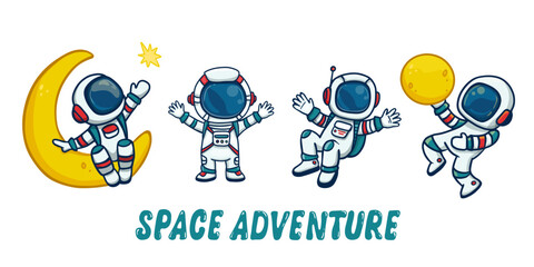 set of cartoon astronauts isolated on colorful background. doodle style,for book. vector illustratio