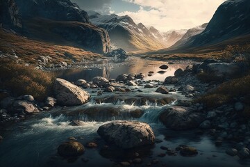 Wall Mural - Excellent picture of a river running through a rocky landscape. Generative AI