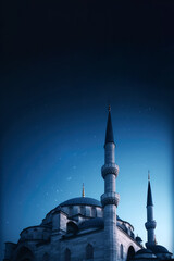Mosque with night blue sky dome as the building exterior. High quality photo