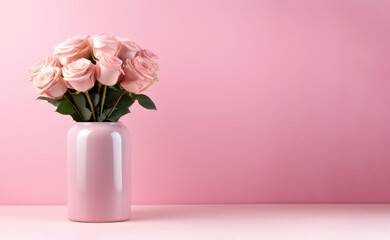 Pink roses in a vase on a pink background. Minimal concept. High quality photo