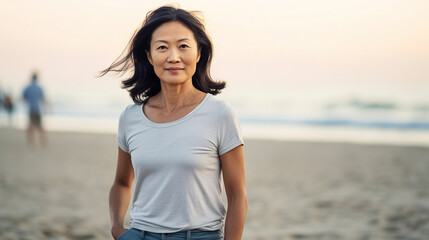 Middle age Asian woman enjoying beach time at sunset. Portrait of a female in her 40s, 50s. Generative AI