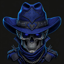 Police Officer Evil Cowboy Skull Head Wearing A Royal Blue Bandana Over His Mouth With A Black Cowboy Hat With A Bullet Belt Around The Brim Of The Hat