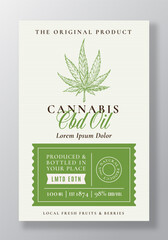 Wall Mural - cbd hemp oil vector package label template. modern typography and hand drawn cannabis plant branch w