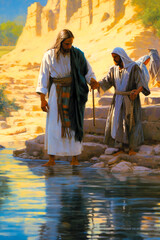 John the Baptist standing in the Jordan River and baptising. AI generativ.