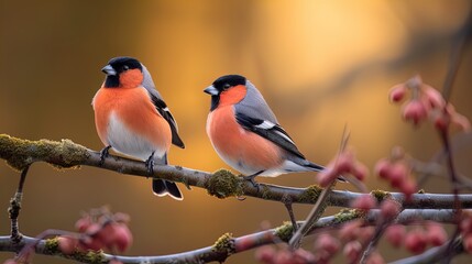 The bullfinch bird sits on a bunch of red rowan berries, Generative AI