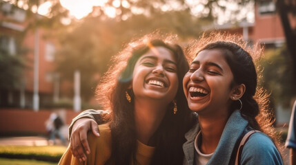 Two Young Female Indian College Student Friends Walking On Campus - Generative AI.