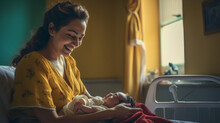 Young Glowing Indian Mother Holding A Newborn Infant Child In The Maternity Ward Of The Hospital - Generative AI.