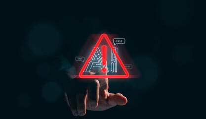 Fototapete - Business man holding digital chatbot Artificial Intelligence (AI) with hacking and warning alert. cyber attack network, spyware or Malicious software. Technology cyber security and cybercrime.