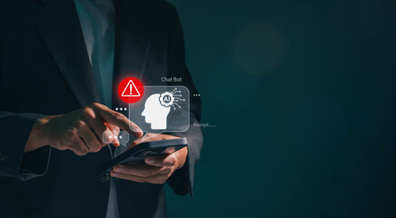 Fototapete - Business man using digital chatbot Artificial Intelligence (AI) with hacking and warning alert. cyber attack network, spyware or Malicious software. Technology cyber security and cybercrime.