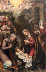 Wall Mural - NAPLES, ITALY - APRIL 19, 2023: The painting of Adoration of Shepherds in the chruch Chiesa di San Gregorio Armeno by Pompeo Landulfo (1567 – 1627).