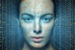 Digital hologram of female face looking from futuristic screen. Interaction with artificial intelligence. Digital portrait of person. Created with Generative AI